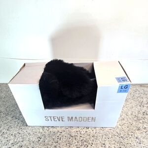 Steve Madden Slippers Black Faux Fur Criss Cross Slip On Large 9/10 NEW IN BOX